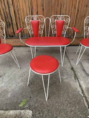 White Metal & Red Leatherette Garden Set, 1968, Set of 4-OXJ-1398447