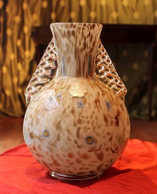 White Murano Vase with Gold Flecks, Blue Flowers and Transparent Handles, 1950s-AXE-1433442