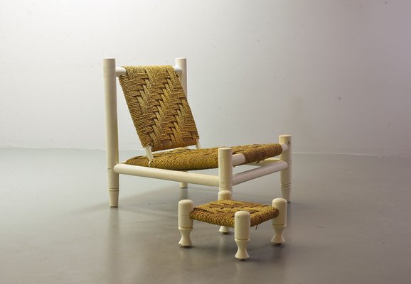 White Oak Low Seat Lounge Chair in Sisal Rope with Footstool in the Style of Charlotte Perriand, 1960s-IXC-994905