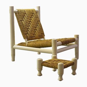 White Oak Low Seat Lounge Chair in Sisal Rope with Footstool in the Style of Charlotte Perriand, 1960s-IXC-994905