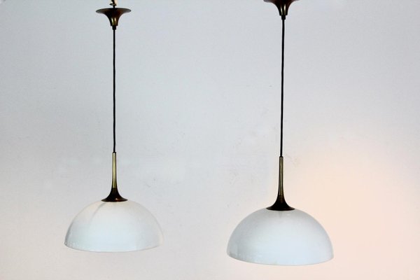 White-Opal Glass & Brass Pendant Lights by Florian Schulz, Set of 2-MO-1158533