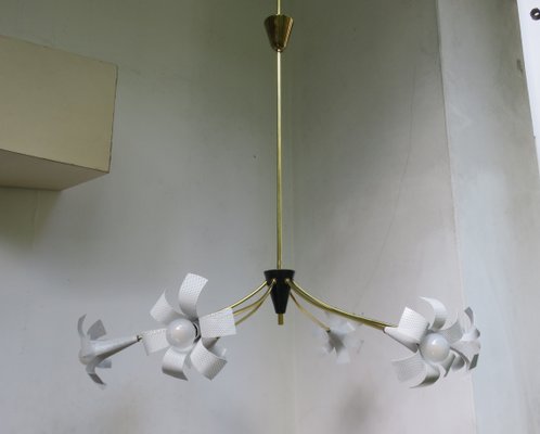 White Perforated Steel and Brass Sputnik Ceiling Lamp, 1950s-EY-674182