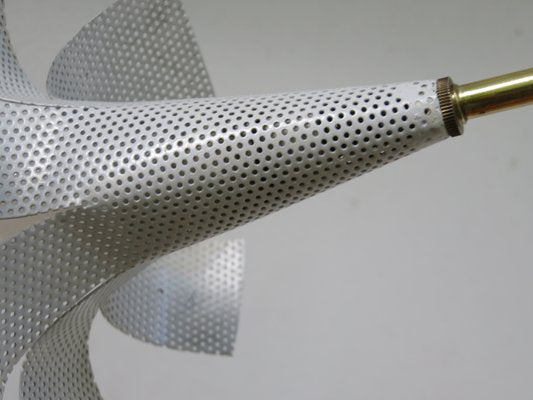 White Perforated Steel and Brass Sputnik Ceiling Lamp, 1950s-EY-674182