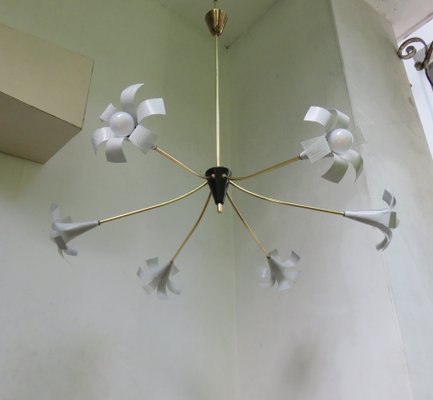 White Perforated Steel and Brass Sputnik Ceiling Lamp, 1950s-EY-674182