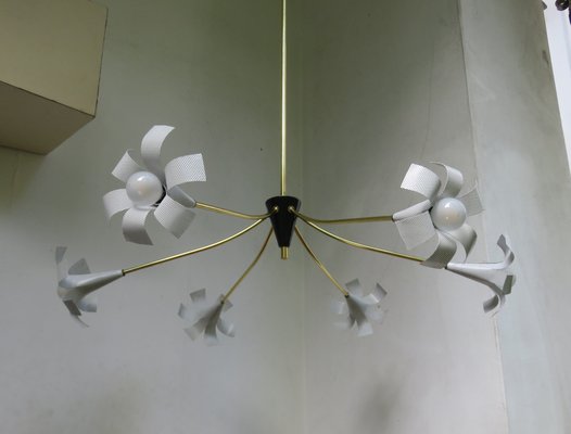 White Perforated Steel and Brass Sputnik Ceiling Lamp, 1950s-EY-674182