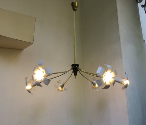 White Perforated Steel and Brass Sputnik Ceiling Lamp, 1950s-EY-674182