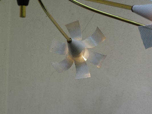 White Perforated Steel and Brass Sputnik Ceiling Lamp, 1950s-EY-674182