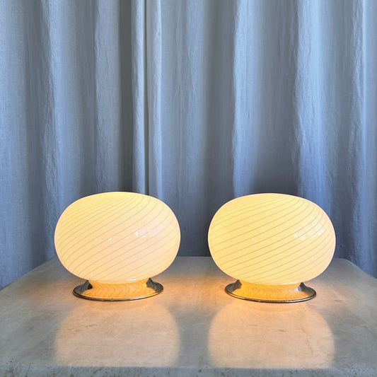 White Swirl Murano Glass Table Lamp with Brass Bases, 1970s