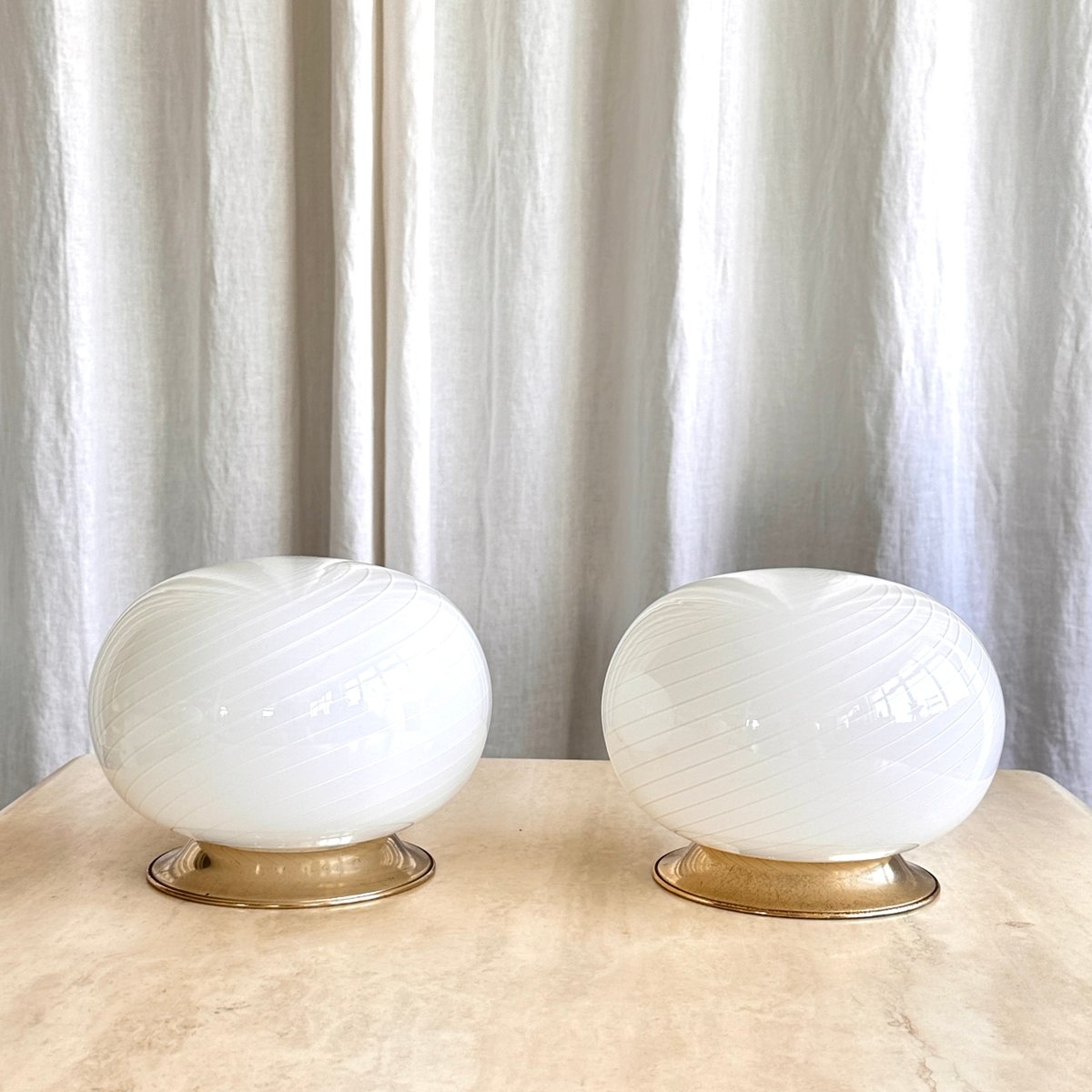 White Swirl Murano Glass Table Lamp with Brass Bases, 1970s