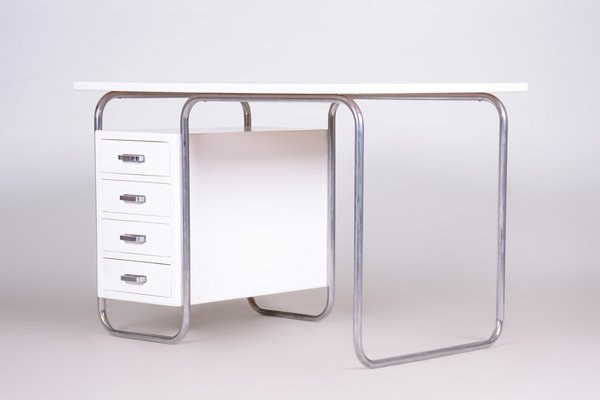 White Tubular Bauhaus Writing Desk in Chrome-Plated Steel to the High Gloss attributed to Robert Slezak, Czech, 1930s-WHY-1772620