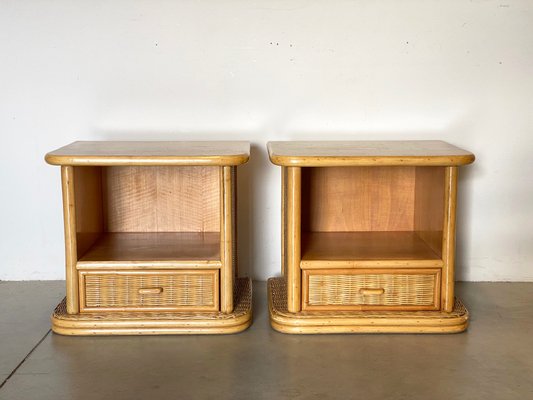 Wicker and Bamboo Bedside Tables, 1980s, Set of 2-NPC-1180519