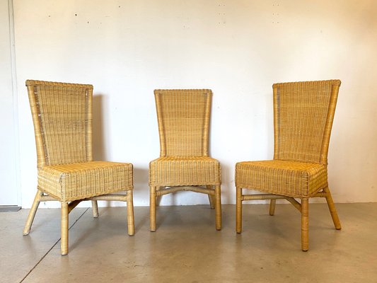 Wicker and Bamboo Chairs, 1970s, Set of 3-NPC-1291141