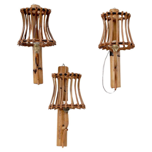 Wicker and Bamboo Sconces in the style of Louis Sognot, 1960s, Set of 3