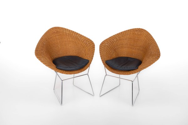 Wicker and Chrome Lounge Chairs, 1970s, Set of 2-RNH-1784137