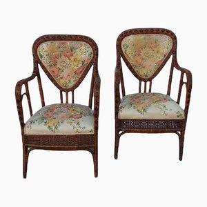 Wicker and Fabric Armchairs, Set of 2-QLH-1142465