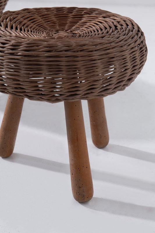 Wicker and Wood Stools by Tony Paul, 1960s, Set of 2