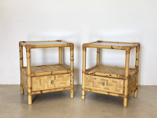 Wicker Bedside Tables in Bamboo in the style of Dal Vera, 1970s, Set of 2