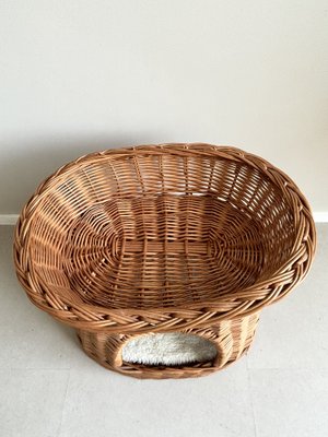 Wicker Cat Bed, Basket with Chat Bizarre Label, 1970s-LL-2040989