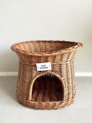 Wicker Cat Bed, Basket with Chat Bizarre Label, 1970s-LL-2040989