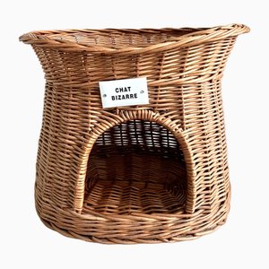 Wicker Cat Bed, Basket with Chat Bizarre Label, 1970s-LL-2040989