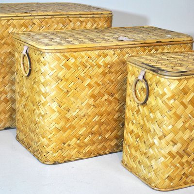 Wicker Containers with Brass Handles, 1960s, Set of 3-JQO-728591