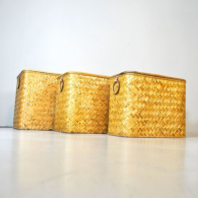 Wicker Containers with Brass Handles, 1960s, Set of 3-JQO-728591