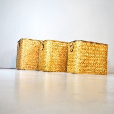 Wicker Containers with Brass Handles, 1960s, Set of 3-JQO-728591