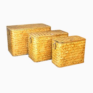 Wicker Containers with Brass Handles, 1960s, Set of 3-JQO-728591