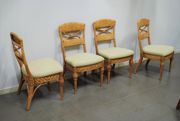 Wicker & Fabric Dining Chairs from Vivai del Sud, Italy, 1980s, Set of 4-ZST-1377166