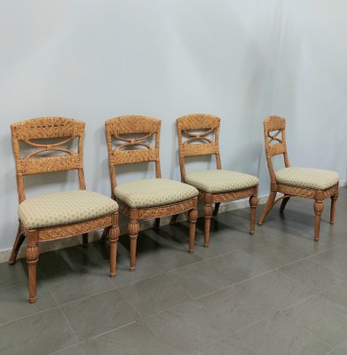 Wicker & Fabric Dining Chairs from Vivai del Sud, Italy, 1980s, Set of 4-ZST-1377166