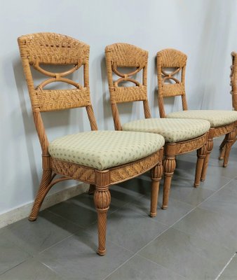 Wicker & Fabric Dining Chairs from Vivai del Sud, Italy, 1980s, Set of 4-ZST-1377166