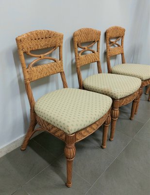 Wicker & Fabric Dining Chairs from Vivai del Sud, Italy, 1980s, Set of 4-ZST-1377166