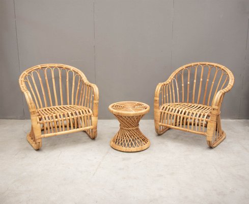 Wicker Garden Armchairs and Coffee Table, 1980s, Set of 3-VNC-2043155