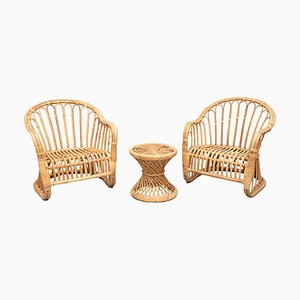 Wicker Garden Armchairs and Coffee Table, 1980s, Set of 3-VNC-2043155