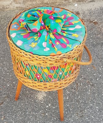 Wicker Sewing Basket with Flower Fabric, 1950s-QDP-912691