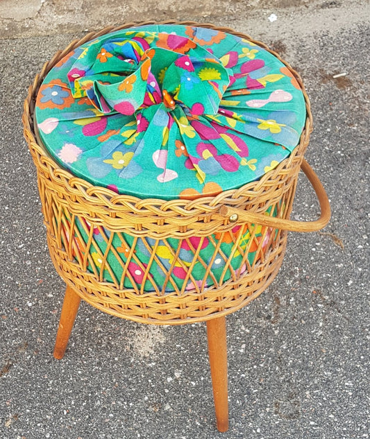 Wicker Sewing Basket with Flower Fabric, 1950s