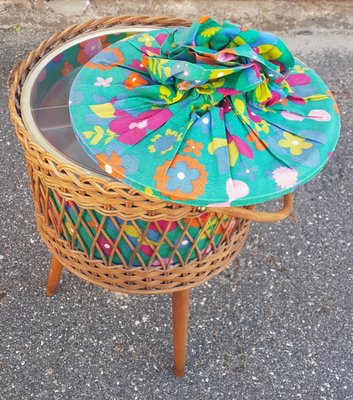 Wicker Sewing Basket with Flower Fabric, 1950s-QDP-912691