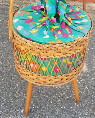 Wicker Sewing Basket with Flower Fabric, 1950s-QDP-912691