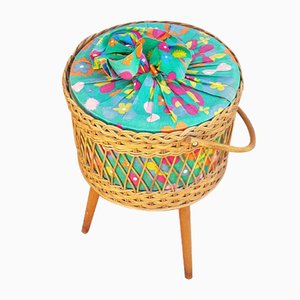 Wicker Sewing Basket with Flower Fabric, 1950s-QDP-912691