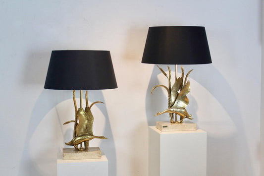 Wild Duck Table Lamps in Travertine and Gilt Metal by Lanciotto Galeotti, 1890s, Set of 2