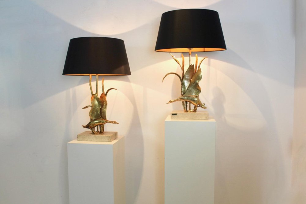 Wild Duck Table Lamps in Travertine and Gilt Metal by Lanciotto Galeotti, 1890s, Set of 2