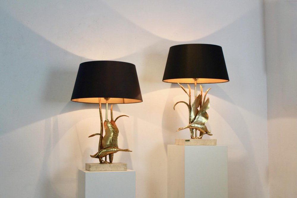 Wild Duck Table Lamps in Travertine and Gilt Metal by Lanciotto Galeotti, 1890s, Set of 2