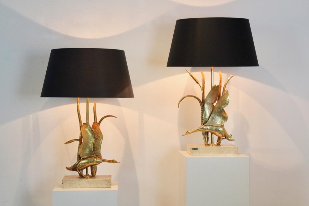 Wild Duck Table Lamps in Travertine and Gilt Metal by Lanciotto Galeotti, 1890s, Set of 2