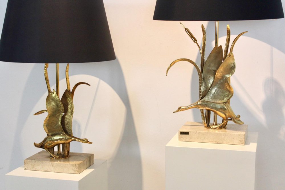 Wild Duck Table Lamps in Travertine and Gilt Metal by Lanciotto Galeotti, 1890s, Set of 2