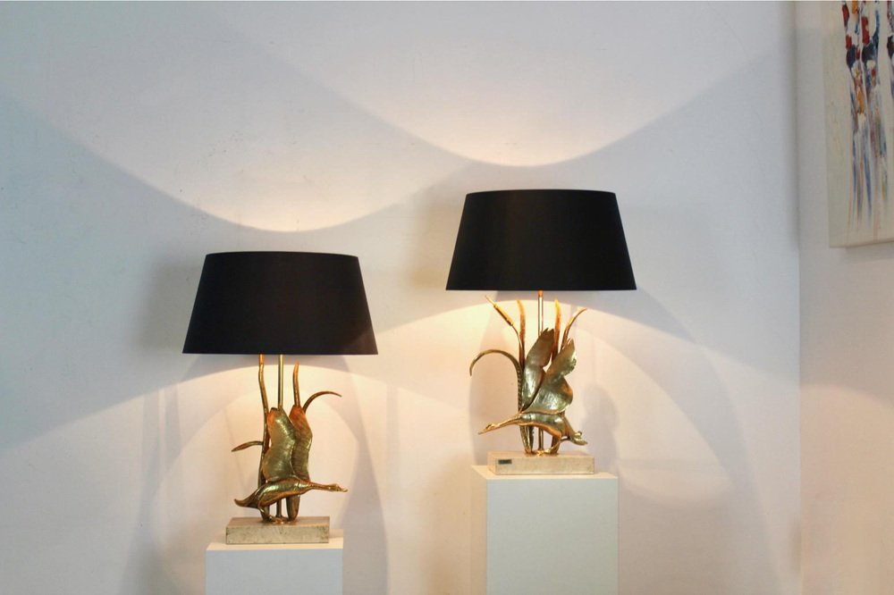 Wild Duck Table Lamps in Travertine and Gilt Metal by Lanciotto Galeotti, 1890s, Set of 2