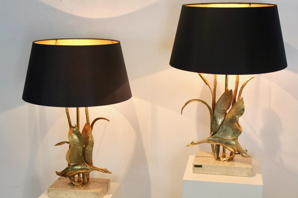 Wild Duck Table Lamps in Travertine and Gilt Metal by Lanciotto Galeotti, 1890s, Set of 2