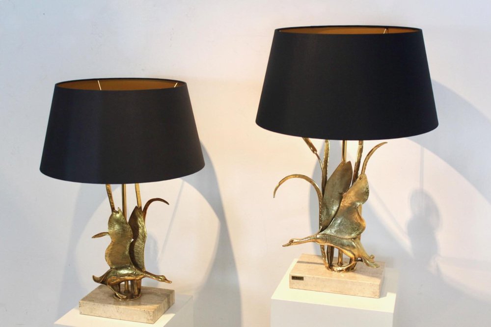 Wild Duck Table Lamps in Travertine and Gilt Metal by Lanciotto Galeotti, 1890s, Set of 2