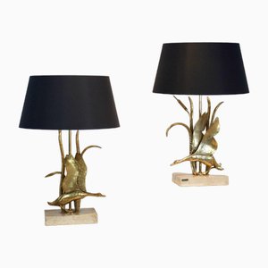 Wild Duck Table Lamps in Travertine and Gilt Metal by Lanciotto Galeotti, 1890s, Set of 2-MO-1757281