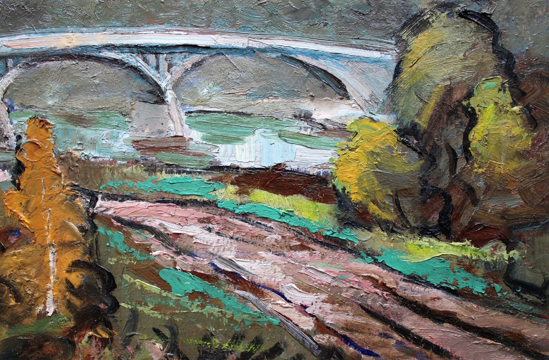 Wilhelms Girupnieks, Bridge in Autumn, 1964, Oil on Cardboard