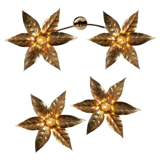 Willy Daro Style Brass Flowers Wall Lights, 1970, Set of 3